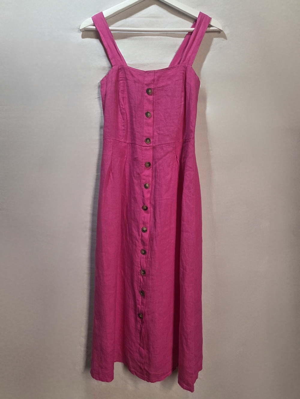 Linen XS Sleeveless Bright Pink Midi Dress Button Front Wide Straps Viola Borghi
